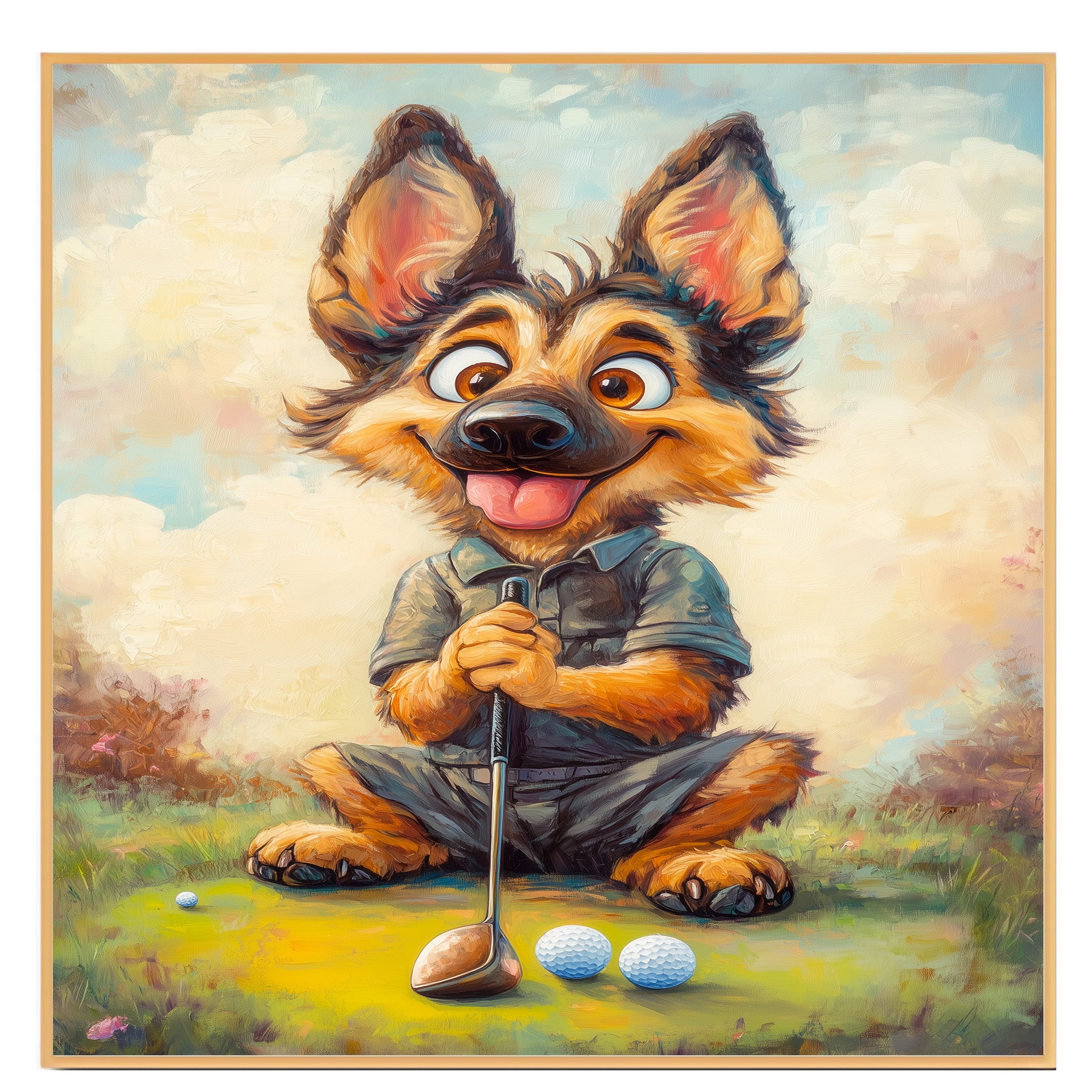 German Shepherd Dog Art for Golf Sports Lovers Gift for Shepherd Lovers Pet Sports Wall Décor on Ready to Hang 1.5" Thick Canvas Wrap, Floating Framed Canvas, Flat Rolled Canvas