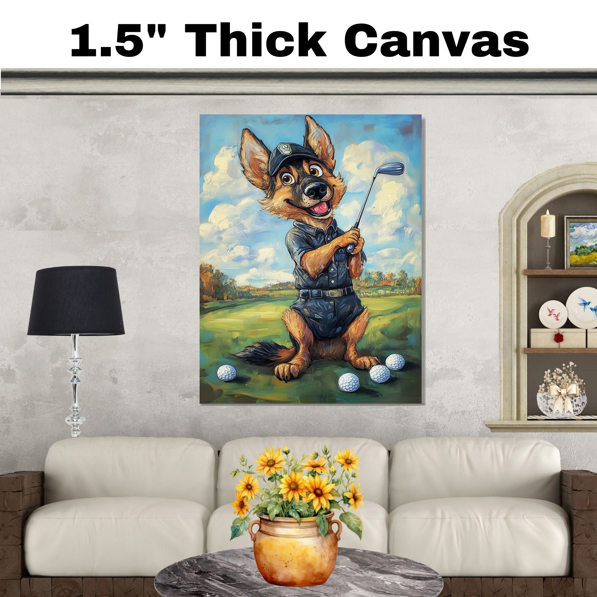 German Shepherd Golf Dog Canvas Wall Art for Pet Lovers Sports Painting for Golf Décor on Ready to Hang 1.5" Thick Canvas Wrap, Floating Framed Canvas, Flat Rolled Canvas