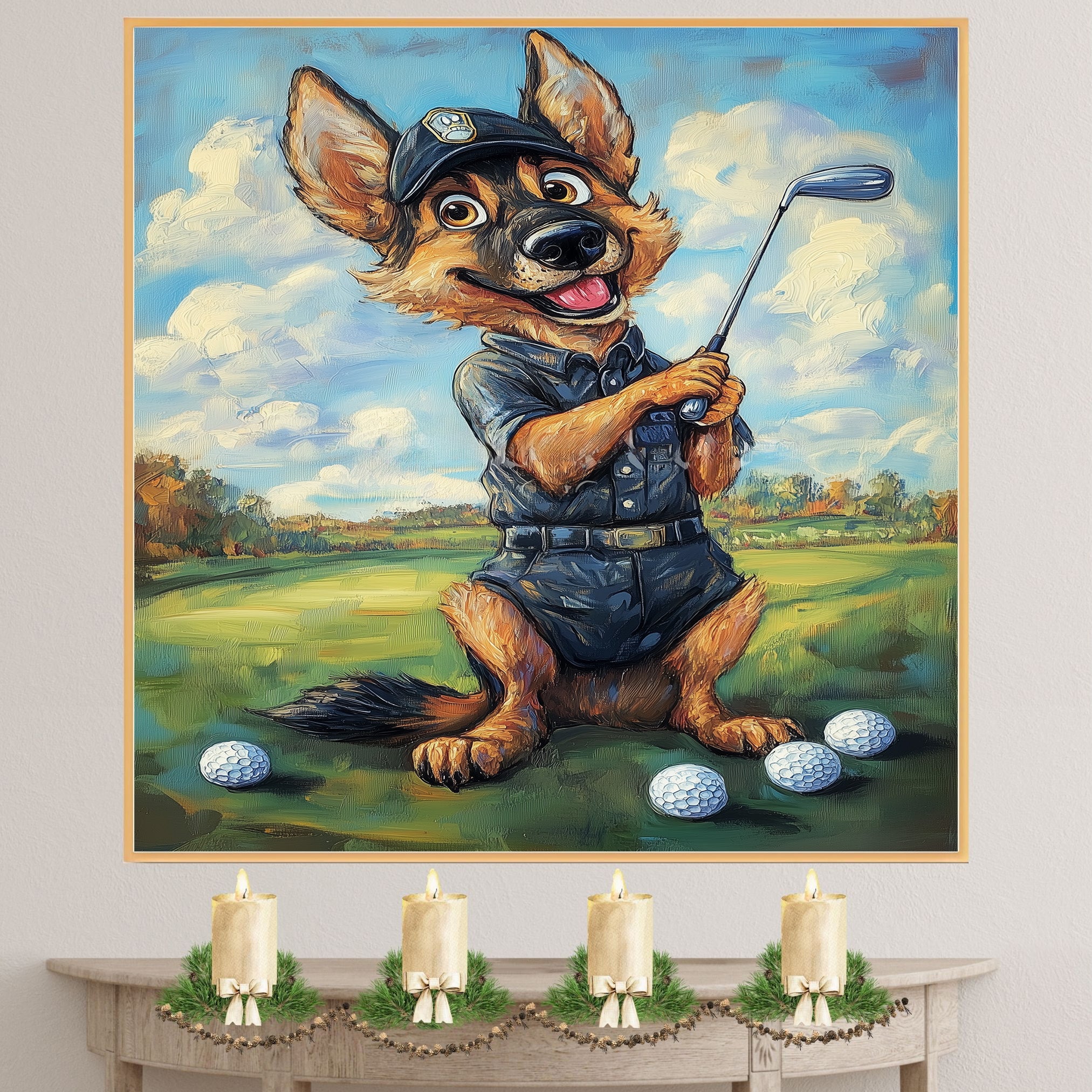 German Shepherd Golf Dog Canvas Wall Art for Pet Lovers Sports Painting for Golf Décor on Ready to Hang 1.5" Thick Canvas Wrap, Floating Framed Canvas, Flat Rolled Canvas