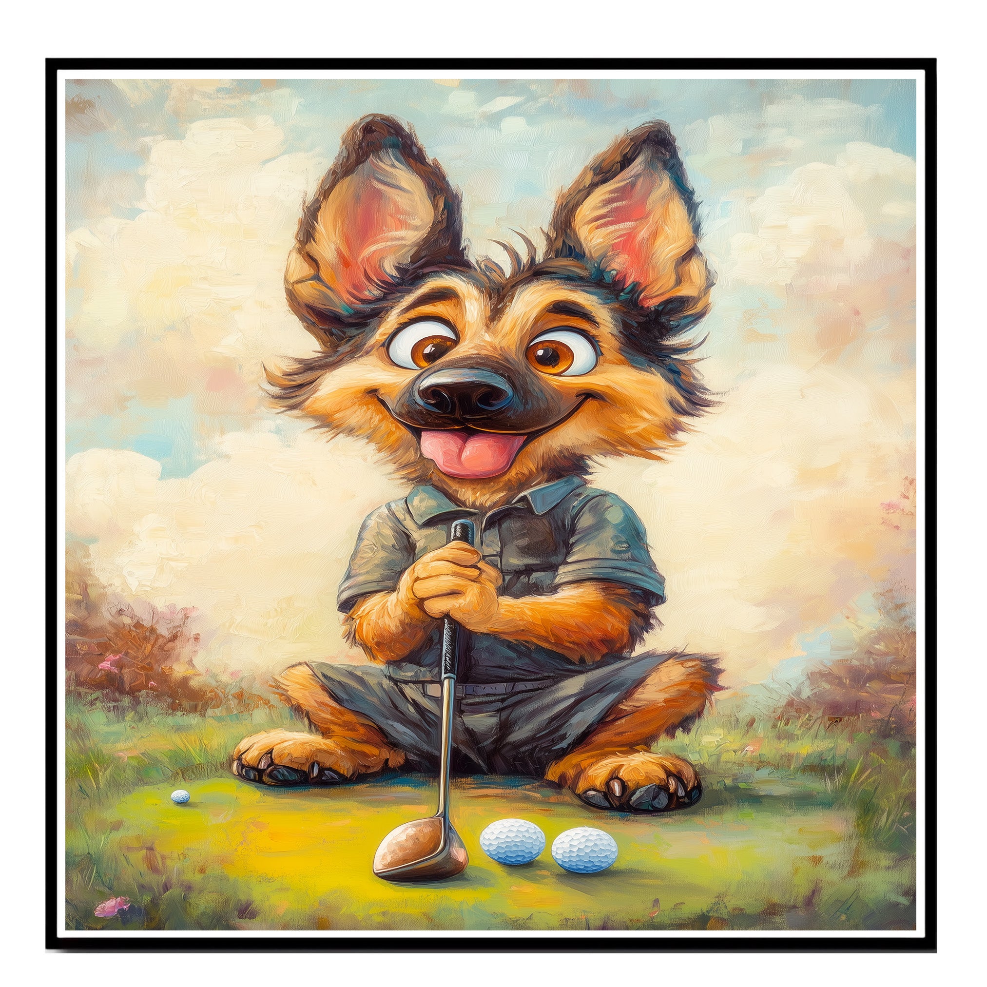 German Shepherd Dog Art for Golf Sports Lovers Gift for Shepherd Lovers Pet Sports Wall Décor on Ready to Hang 1.5" Thick Canvas Wrap, Floating Framed Canvas, Flat Rolled Canvas