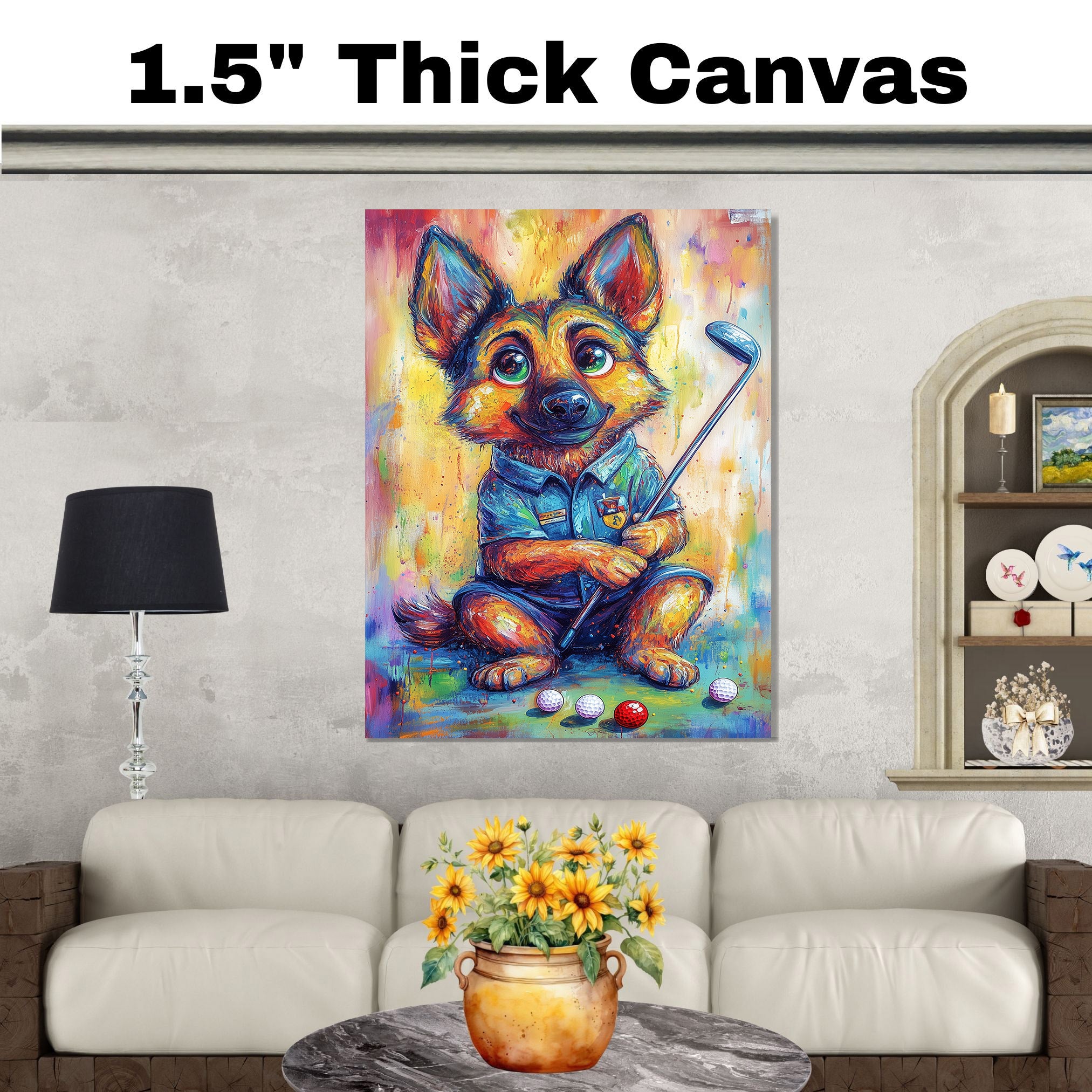 German Shepherd Painting for Dog Golf Sports Artwork for Dad's Game Room Décor Gifts for Gold Lovers on Ready to Hang 1.5" Thick Canvas Wrap, Floating Framed Canvas, Flat Rolled Canvas