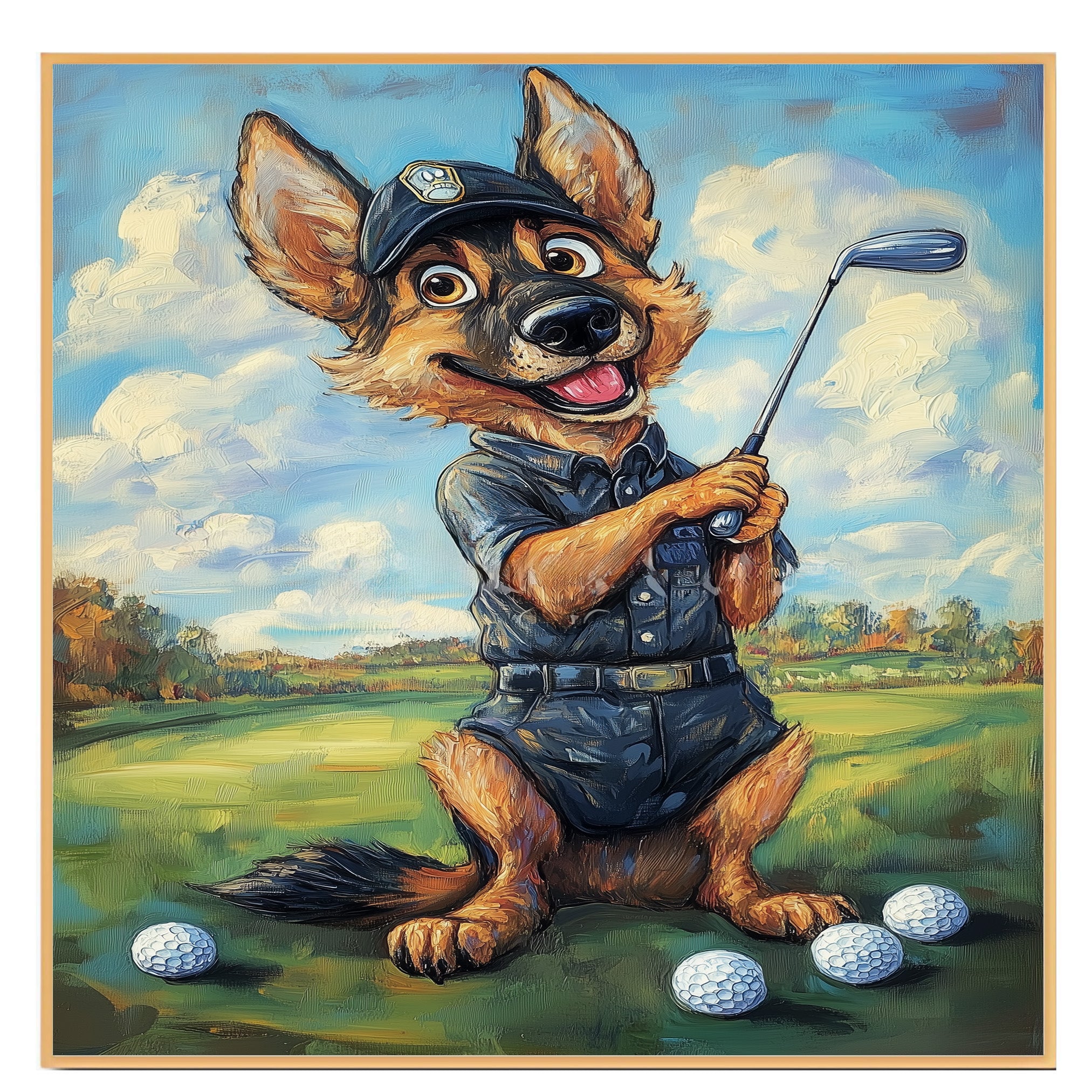 German Shepherd Golf Dog Canvas Wall Art for Pet Lovers Sports Painting for Golf Décor on Ready to Hang 1.5" Thick Canvas Wrap, Floating Framed Canvas, Flat Rolled Canvas
