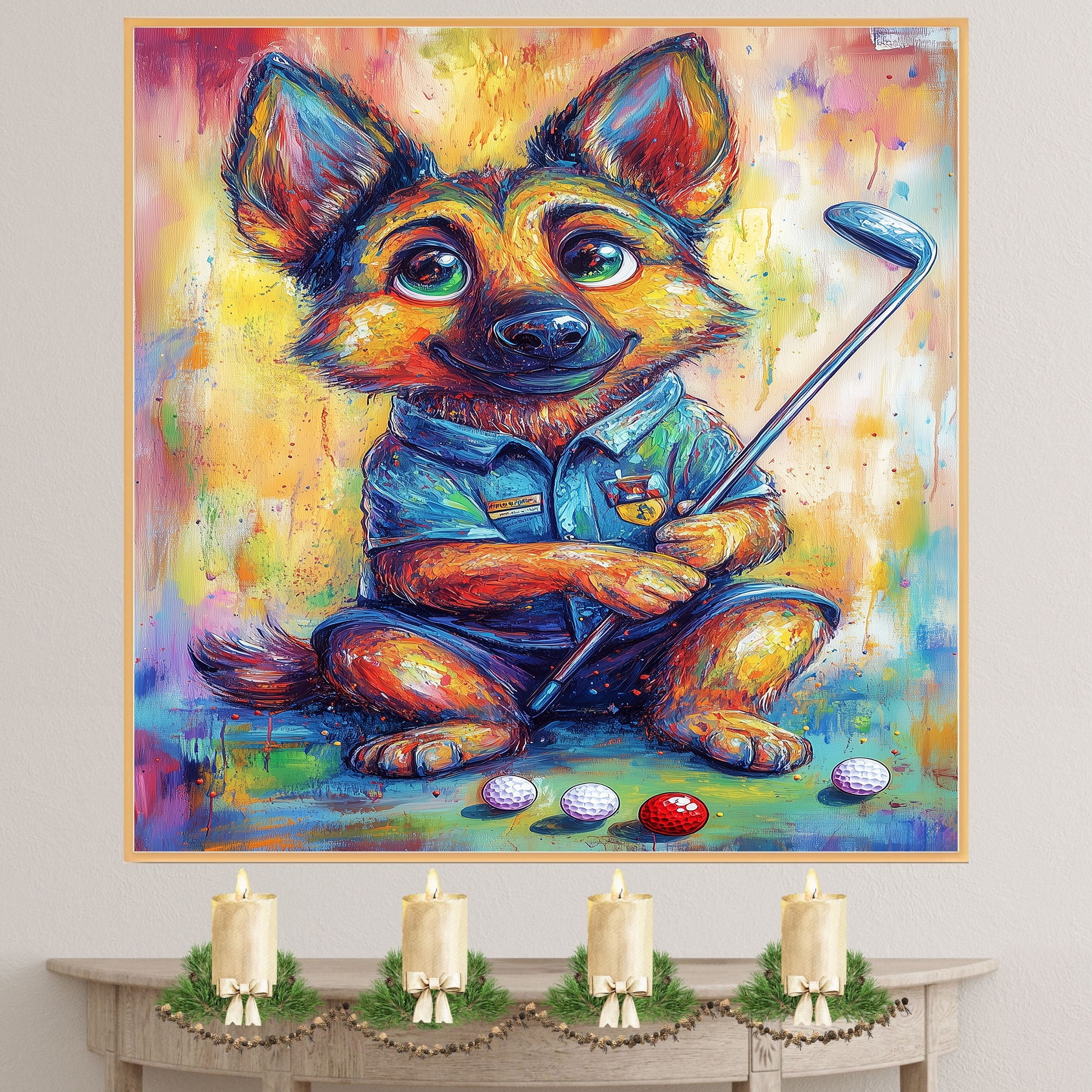 German Shepherd Painting for Dog Golf Sports Artwork for Dad's Game Room Décor Gifts for Gold Lovers on Ready to Hang 1.5" Thick Canvas Wrap, Floating Framed Canvas, Flat Rolled Canvas