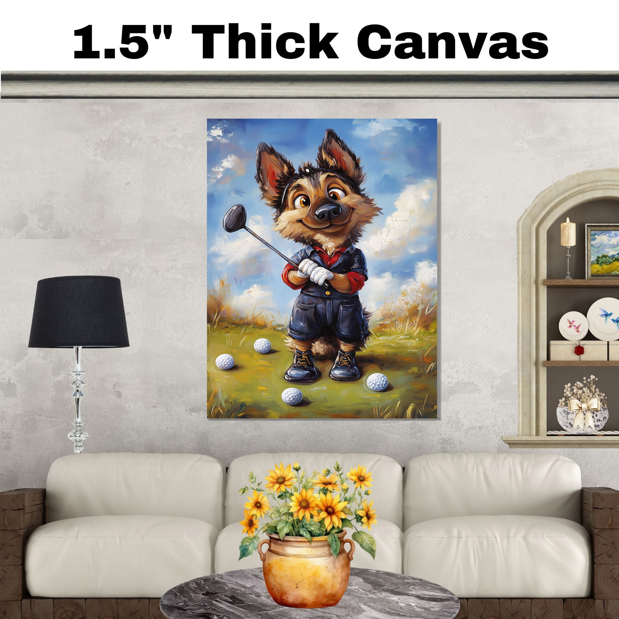 German Shepherd Dog Canvas Wall Art for Gold Lovers Gift for Game Room Wall Decoration on Ready to Hang 1.5" Thick Canvas Wrap, Floating Framed Canvas, Flat Rolled Canvas