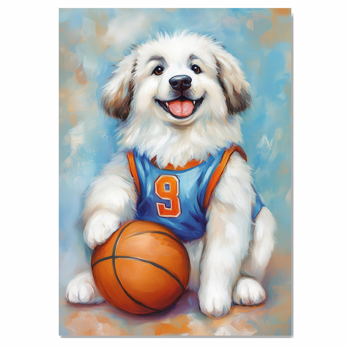 Great Pyrenees Puppy Basketball Wall Art Print Sports Room Decor for Kids Bedroom or Home Gift Ready to Hang Canvas or Framed Artwork