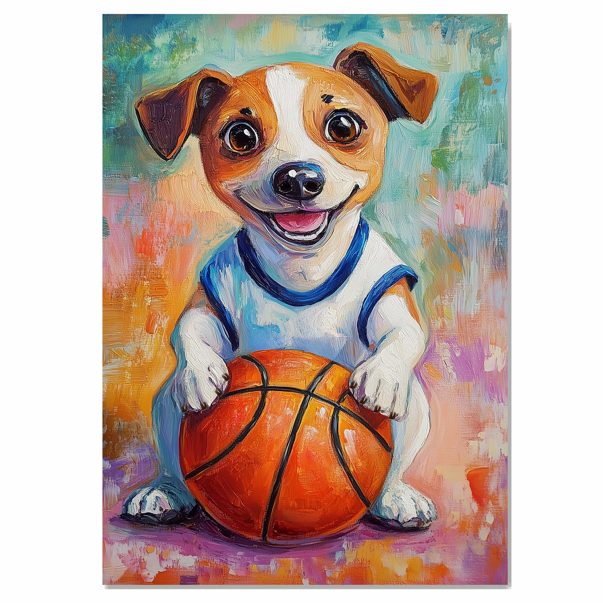 Jack Russell Terrier Basketball Wall Art Print 1.5 Inch Thick Canvas Sports Decor for Kids Playroom or Game Room Gift for Dog Owners