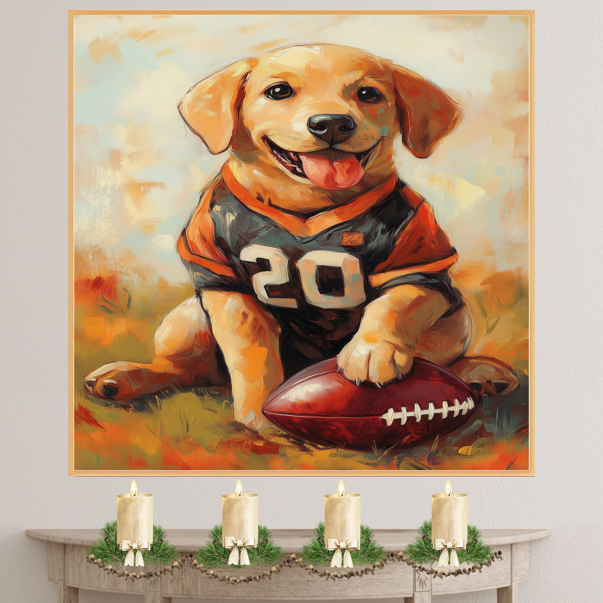 Labrador Dog Wall Painting for Football Players Home Décor Gift Idea for Dog Friends Sports Room on Ready to Hang 1.5" Thick Canvas Wrap, Floating Framed Canvas, Flat Rolled Canvas