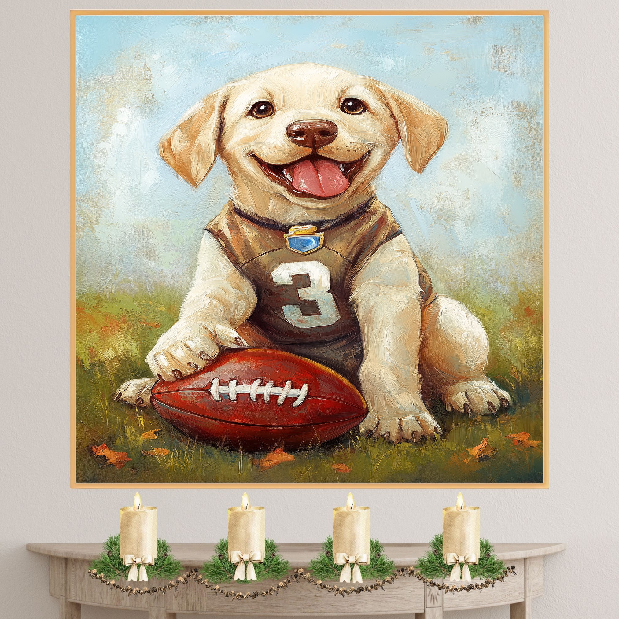 Labrador Dog Canvas Wall Art for Kids Room Décor for Lab Football Painting Gifts for Boyfriends on Ready to Hang 1.5" Thick Canvas Wrap, Floating Framed Canvas, Flat Rolled Canvas