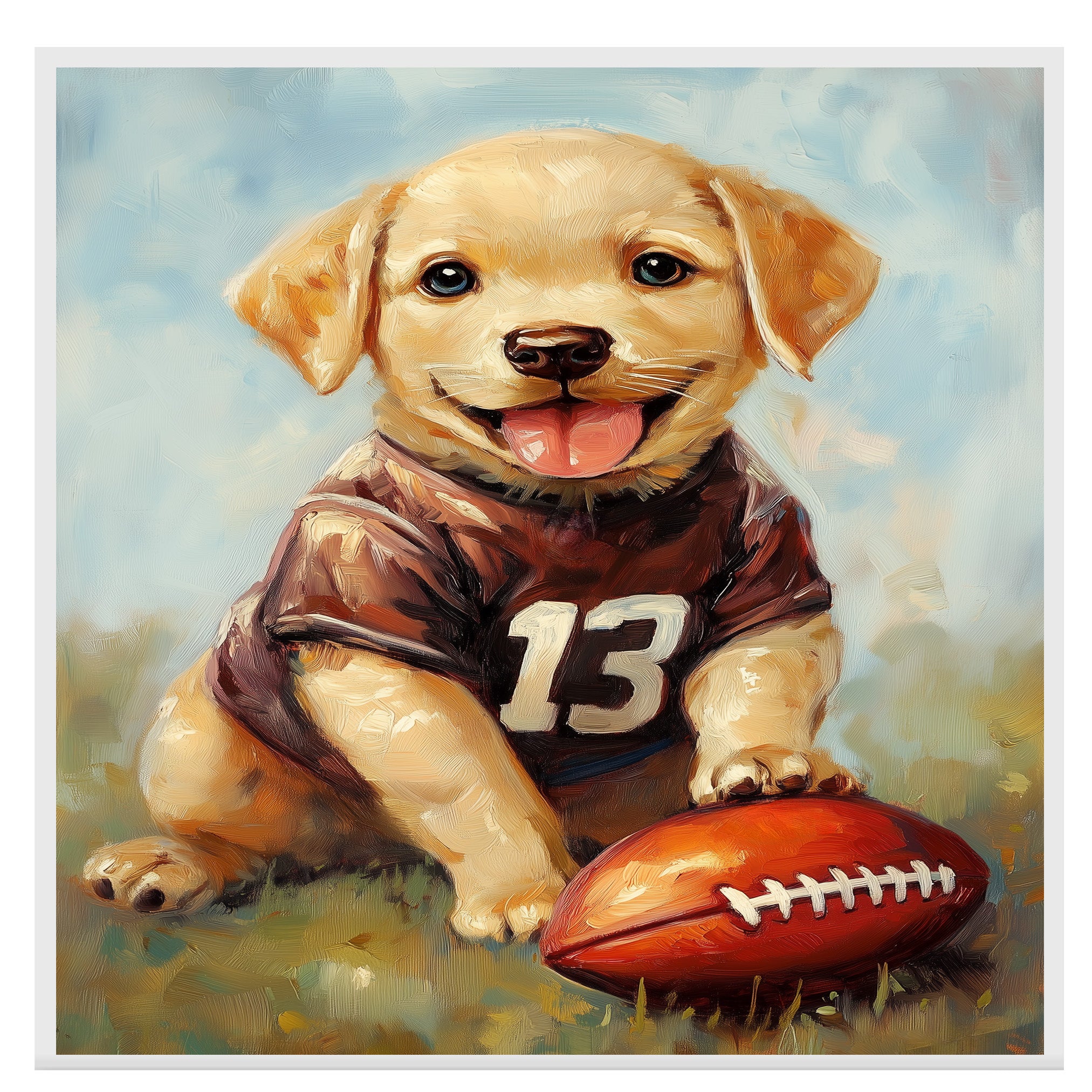 Labrador Puppy Football Canvas Wall Art for Dog Sports Lovers Room Décor Ideas for Pet Birthdays on Ready to Hang 1.5" Thick Canvas Wrap, Floating Framed Canvas, Flat Rolled Canvas