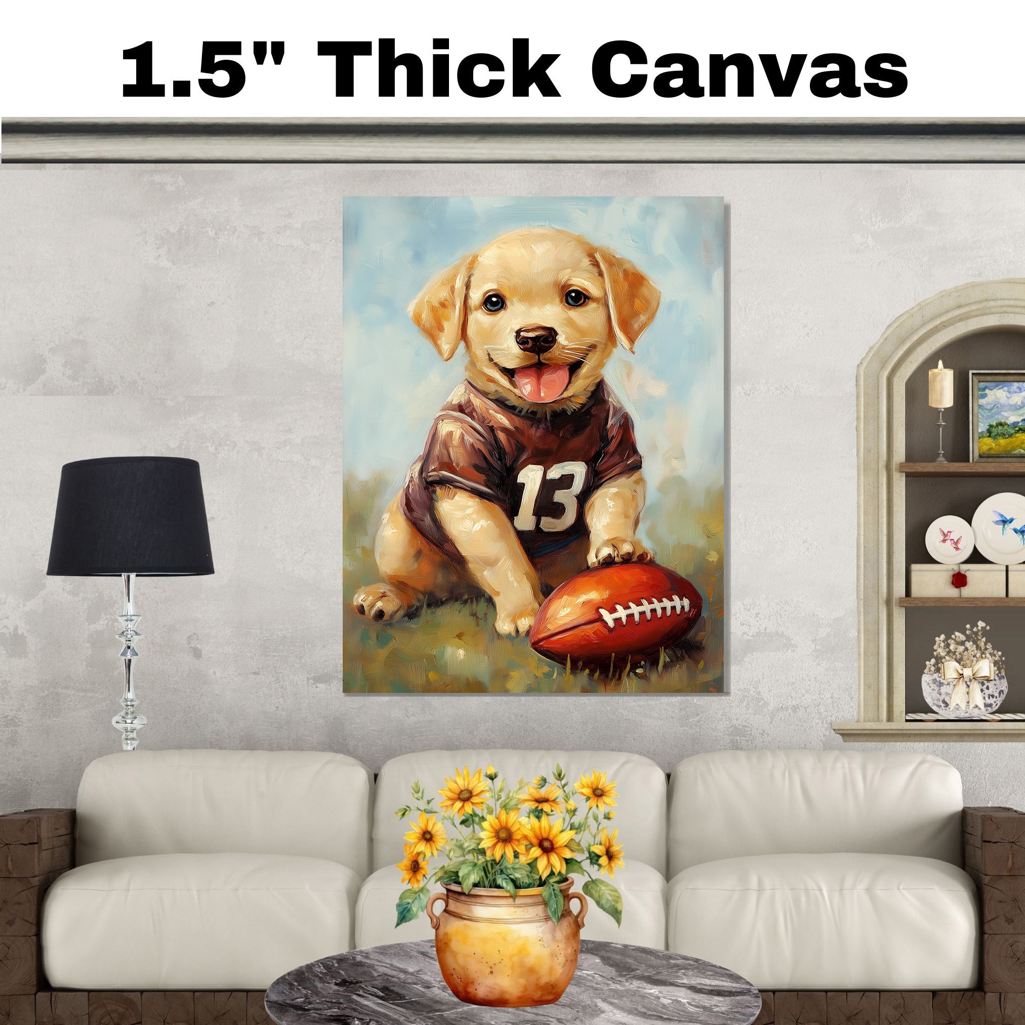 Labrador Puppy Football Canvas Wall Art for Dog Sports Lovers Room Décor Ideas for Pet Birthdays on Ready to Hang 1.5" Thick Canvas Wrap, Floating Framed Canvas, Flat Rolled Canvas