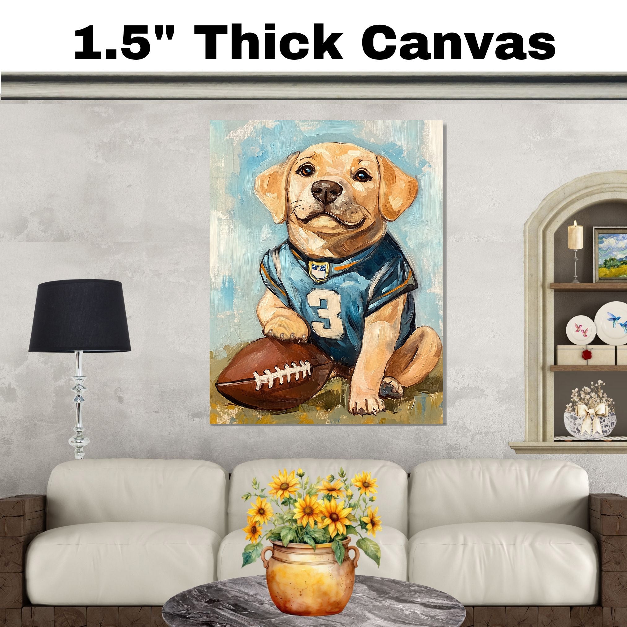 Labrador Football Dog Art for Rugby Sports Fans Gift for Dog Dad's Sports Room Décor on Ready to Hang 1.5" Thick Canvas Wrap, Floating Framed Canvas, Flat Rolled Canvas