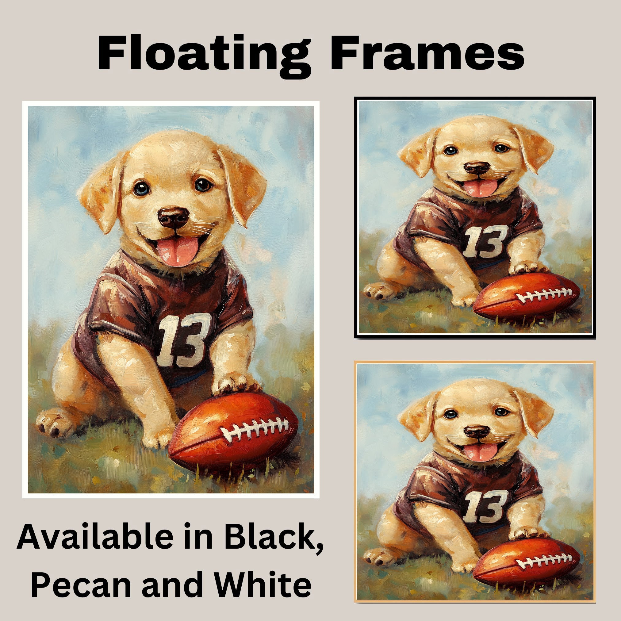 Labrador Puppy Football Canvas Wall Art for Dog Sports Lovers Room Décor Ideas for Pet Birthdays on Ready to Hang 1.5" Thick Canvas Wrap, Floating Framed Canvas, Flat Rolled Canvas