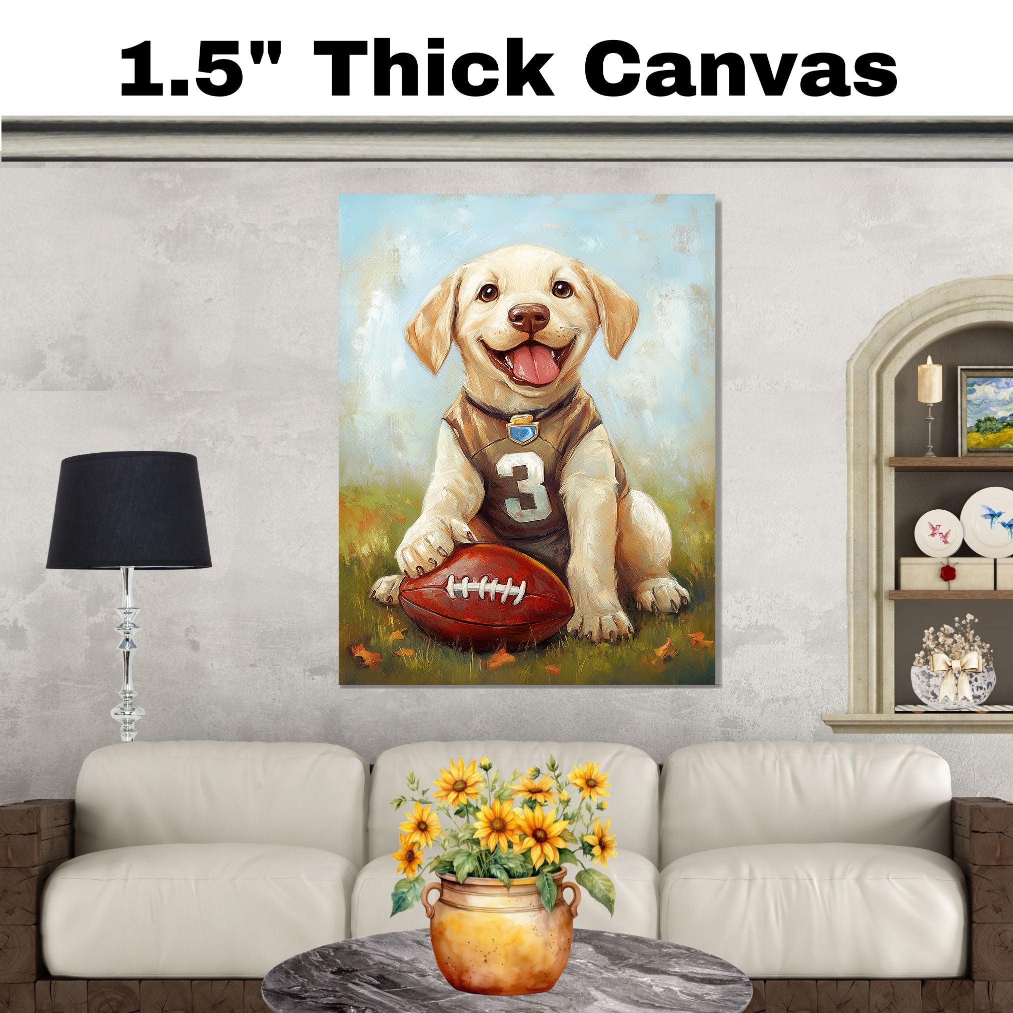 Labrador Dog Canvas Wall Art for Kids Room Décor for Lab Football Painting Gifts for Boyfriends on Ready to Hang 1.5" Thick Canvas Wrap, Floating Framed Canvas, Flat Rolled Canvas