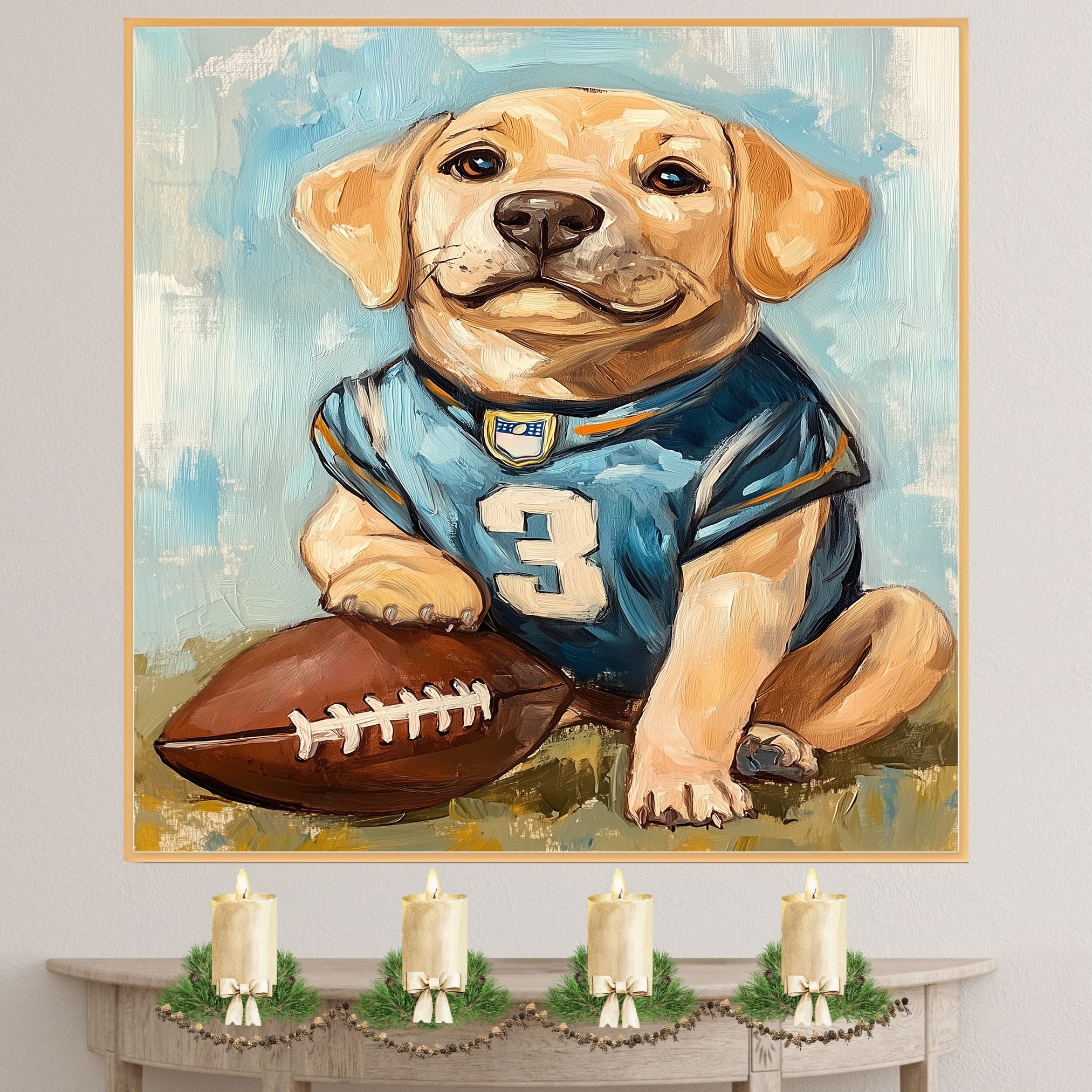 Labrador Football Dog Art for Rugby Sports Fans Gift for Dog Dad's Sports Room Décor on Ready to Hang 1.5" Thick Canvas Wrap, Floating Framed Canvas, Flat Rolled Canvas