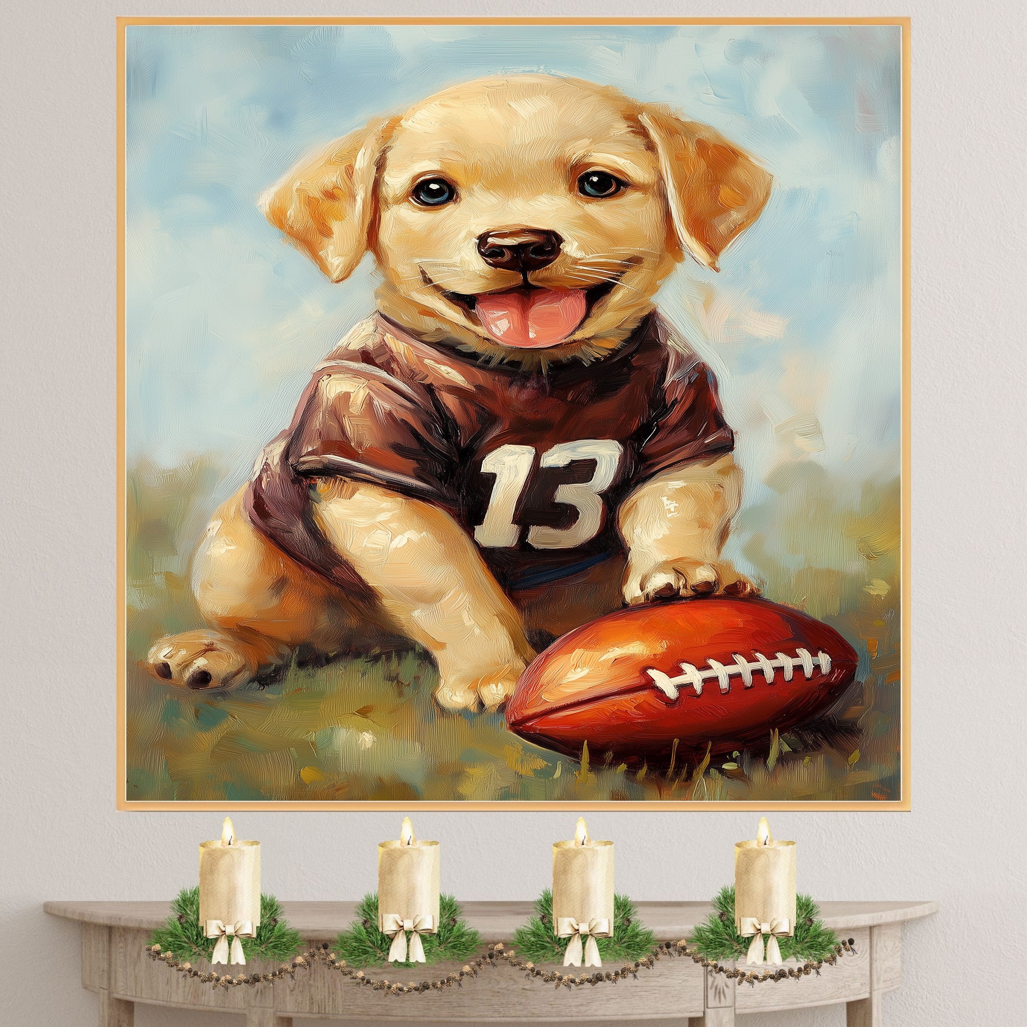 Labrador Puppy Football Canvas Wall Art for Dog Sports Lovers Room Décor Ideas for Pet Birthdays on Ready to Hang 1.5" Thick Canvas Wrap, Floating Framed Canvas, Flat Rolled Canvas