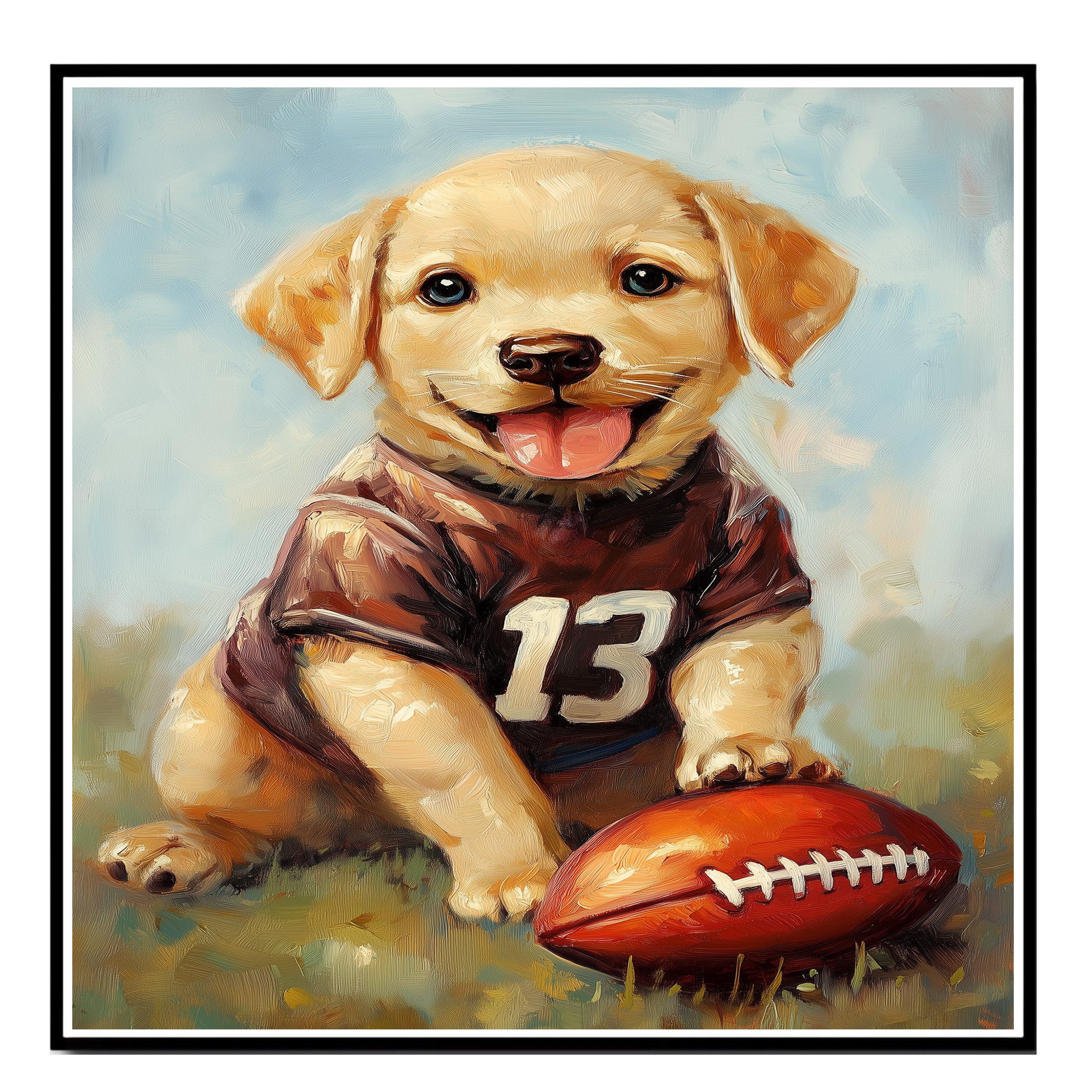 Labrador Puppy Football Canvas Wall Art for Dog Sports Lovers Room Décor Ideas for Pet Birthdays on Ready to Hang 1.5" Thick Canvas Wrap, Floating Framed Canvas, Flat Rolled Canvas