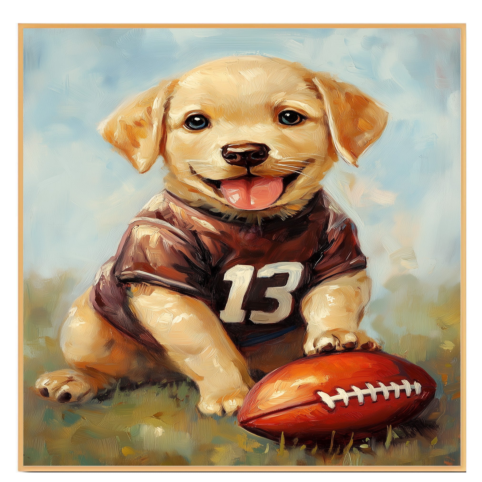 Labrador Puppy Football Canvas Wall Art for Dog Sports Lovers Room Décor Ideas for Pet Birthdays on Ready to Hang 1.5" Thick Canvas Wrap, Floating Framed Canvas, Flat Rolled Canvas