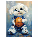 Maltese Puppy Basketball Wall Art Print 1.5 Inch Thick Canvas Sports Decor for Boys Playroom or Game Room Gift for Dog Lovers