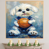 Maltese Puppy Basketball Wall Art Print 1.5 Inch Thick Canvas Sports Decor for Boys Playroom or Game Room Gift for Dog Lovers