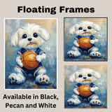 Maltese Puppy Basketball Wall Art Print 1.5 Inch Thick Canvas Sports Decor for Boys Playroom or Game Room Gift for Dog Lovers