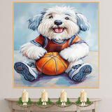 Old English Sheepdog Basketball Wall Art Print 1.5 Inch Thick Canvas Sports Decor for Teen Boys Bedroom or Dorm Gift for Dog Lovers