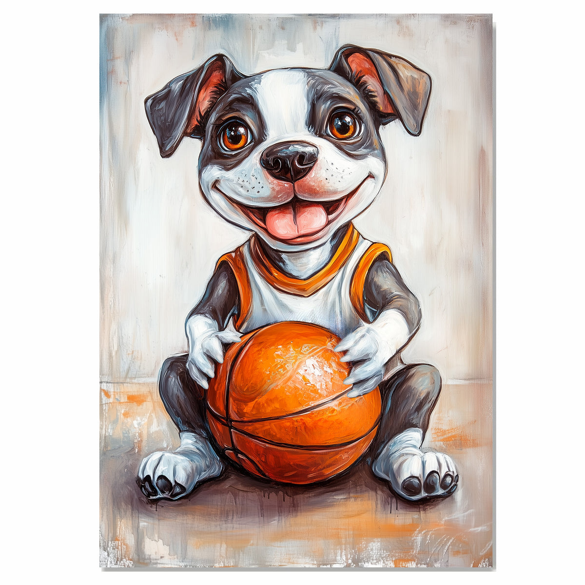 Pitbull Puppy Basketball Wall Art Print 1.5 Inch Thick Canvas Sports Decor for Boys Bedroom or Home Gym Gift for Dog Lovers