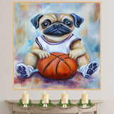 Pug Puppy Basketball Wall Art Print 1.5 Inch Thick Canvas Sports Decor for Kids Playroom or Game Room Gift for Dog Lovers