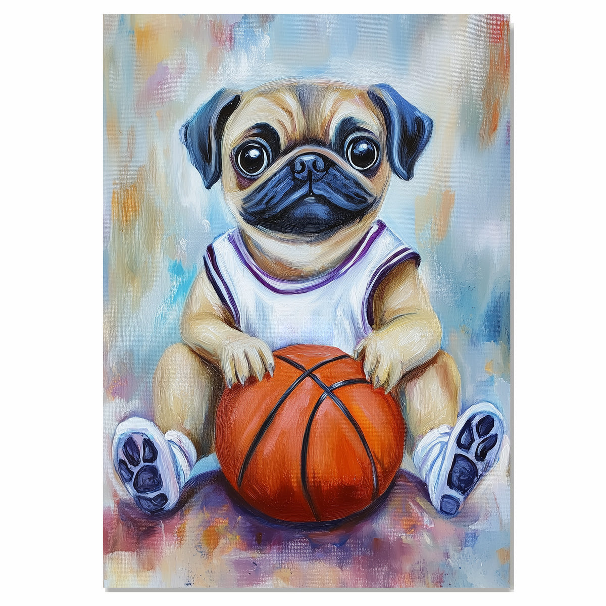 Pug Puppy Basketball Wall Art Print 1.5 Inch Thick Canvas Sports Decor for Kids Playroom or Game Room Gift for Dog Lovers