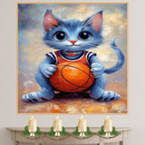 Russian Blue Cat Basketball Wall Art Canvas Print 1.5 Inch Thick Sports Decor for Bedroom Grey Short Haired Cat Artwork