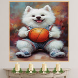 Samoyed Basketball Wall Art Print 1.5 Inch Thick Canvas Sports Decor for Boys Playroom or Game Room Gift for Dog Lovers