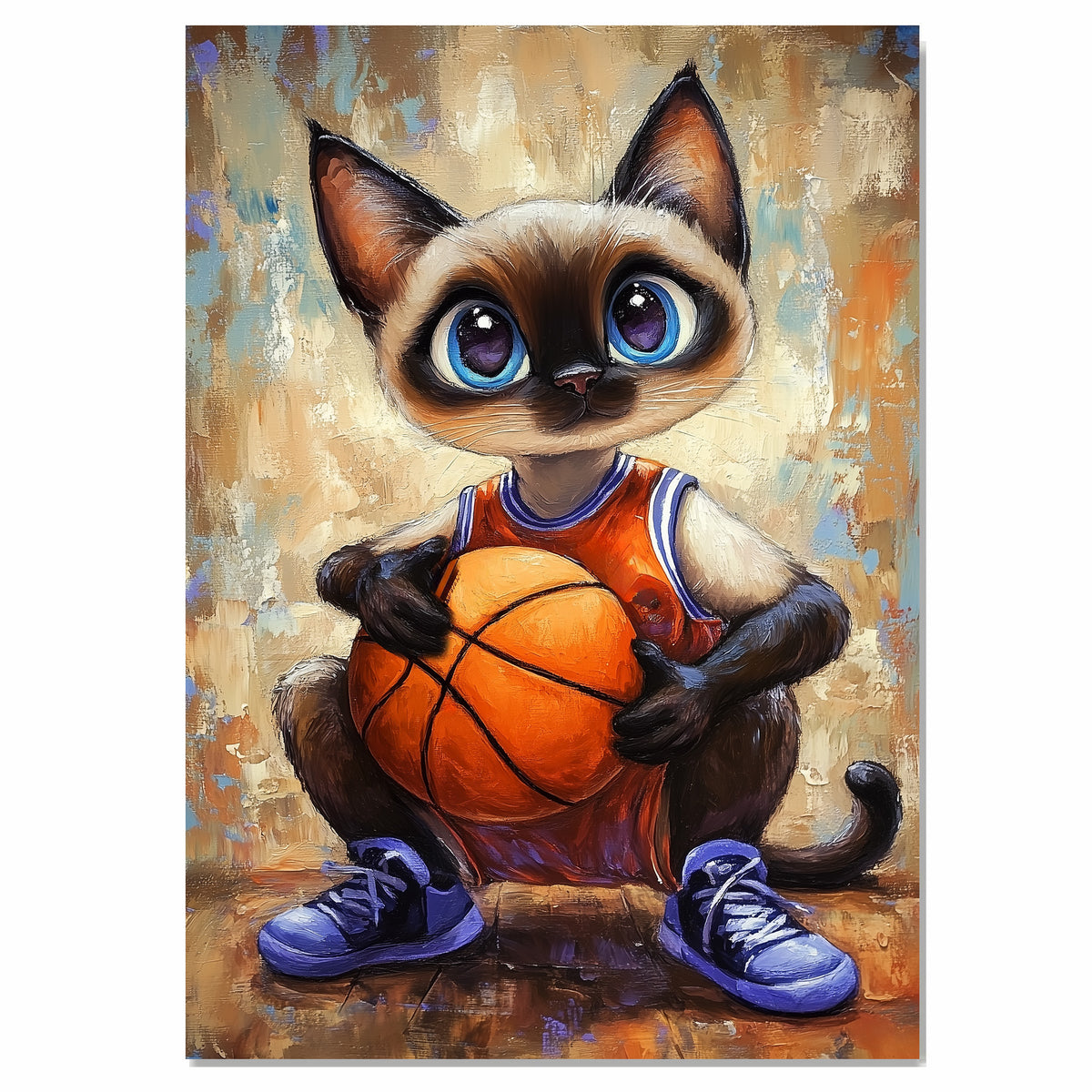 Siamese Cat Basketball Wall Art Print 1.5 Inch Thick Canvas Sports Decor for Bedroom or Living Room Gift for Cat Moms