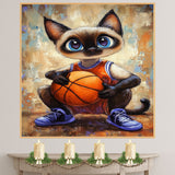 Siamese Cat Basketball Wall Art Print 1.5 Inch Thick Canvas Sports Decor for Bedroom or Living Room Gift for Cat Moms