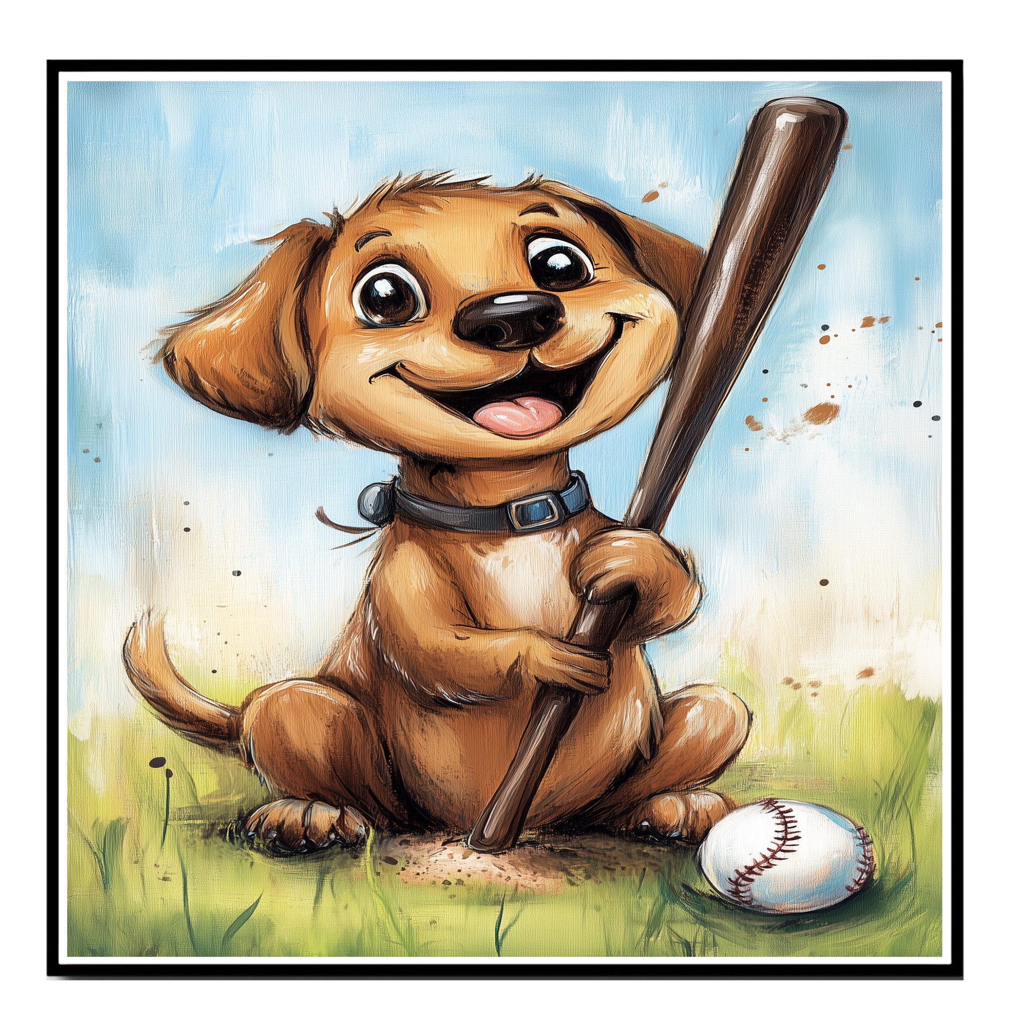 Labrador Puppy Baseball Wall Art Print Gift for Baseball Fans Sports Dog Canvas Decor for Kids Room on Ready to Hang 1.5" Thick Canvas Wrap, Floating Framed Canvas, Flat Rolled Canvas