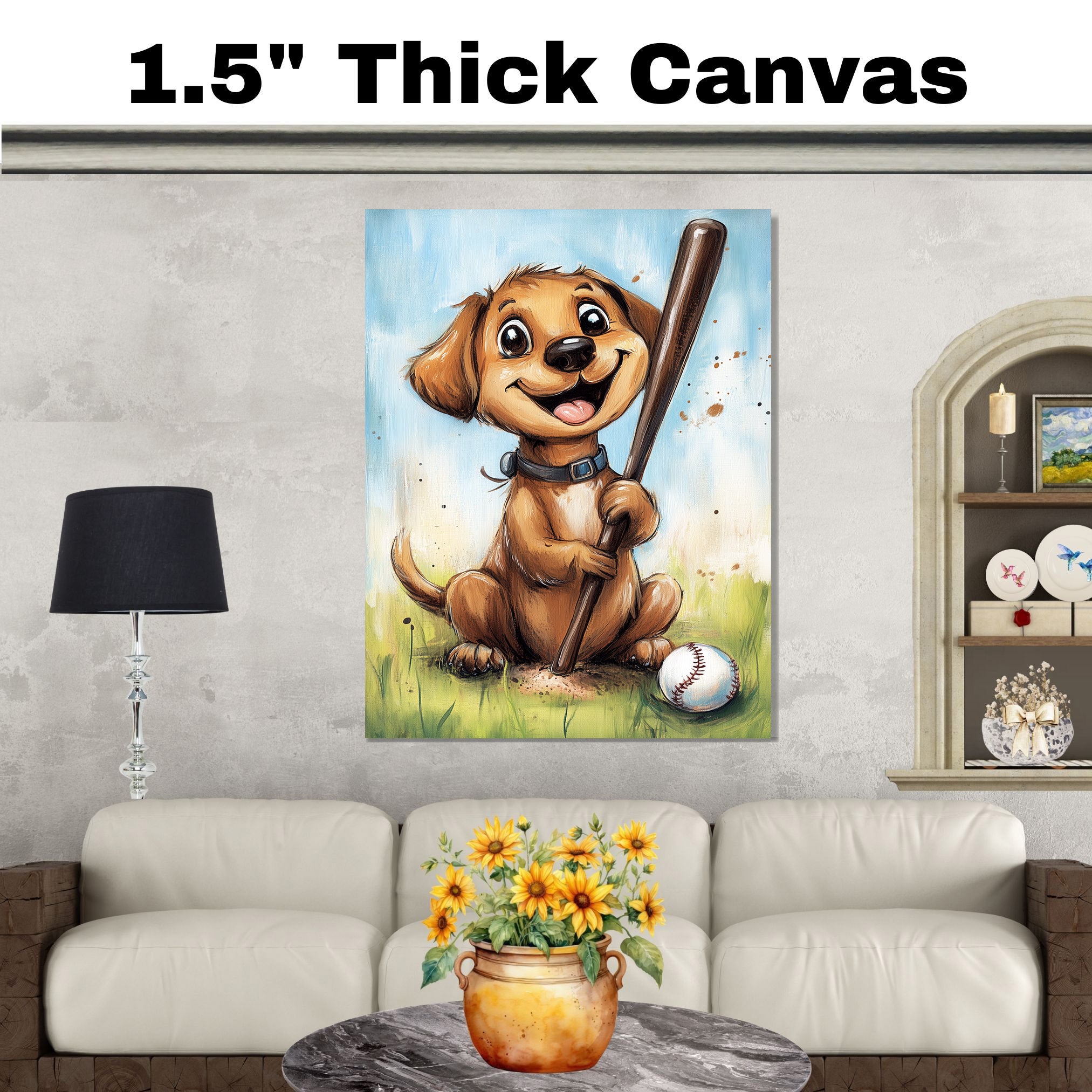 Labrador Puppy Baseball Wall Art Print Gift for Baseball Fans Sports Dog Canvas Decor for Kids Room on Ready to Hang 1.5" Thick Canvas Wrap, Floating Framed Canvas, Flat Rolled Canvas