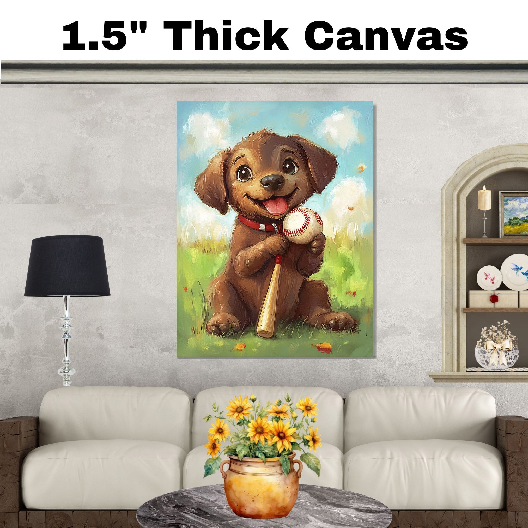 Labrador Dog Baseball Canvas Wall Art for Nursery Play Room Decor for Boys Birthday Sports Wall Poater on Ready to Hang 1.5" Thick Canvas Wrap, Floating Framed Canvas, Flat Rolled Canvas