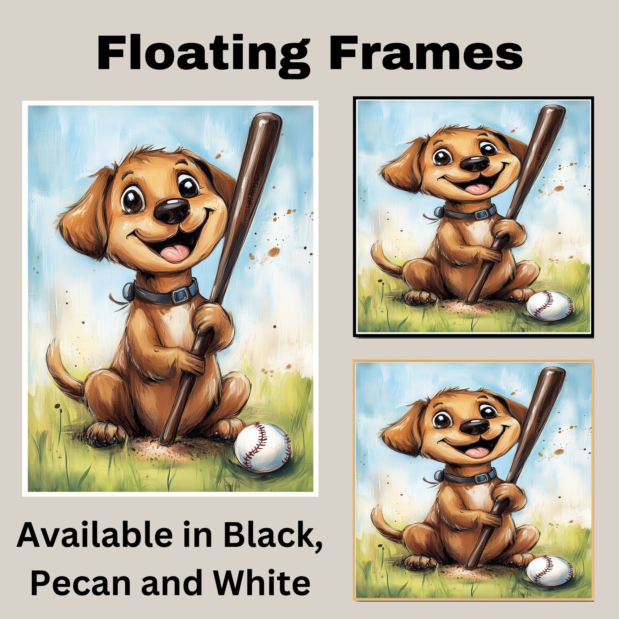 Labrador Puppy Baseball Wall Art Print Gift for Baseball Fans Sports Dog Canvas Decor for Kids Room on Ready to Hang 1.5" Thick Canvas Wrap, Floating Framed Canvas, Flat Rolled Canvas