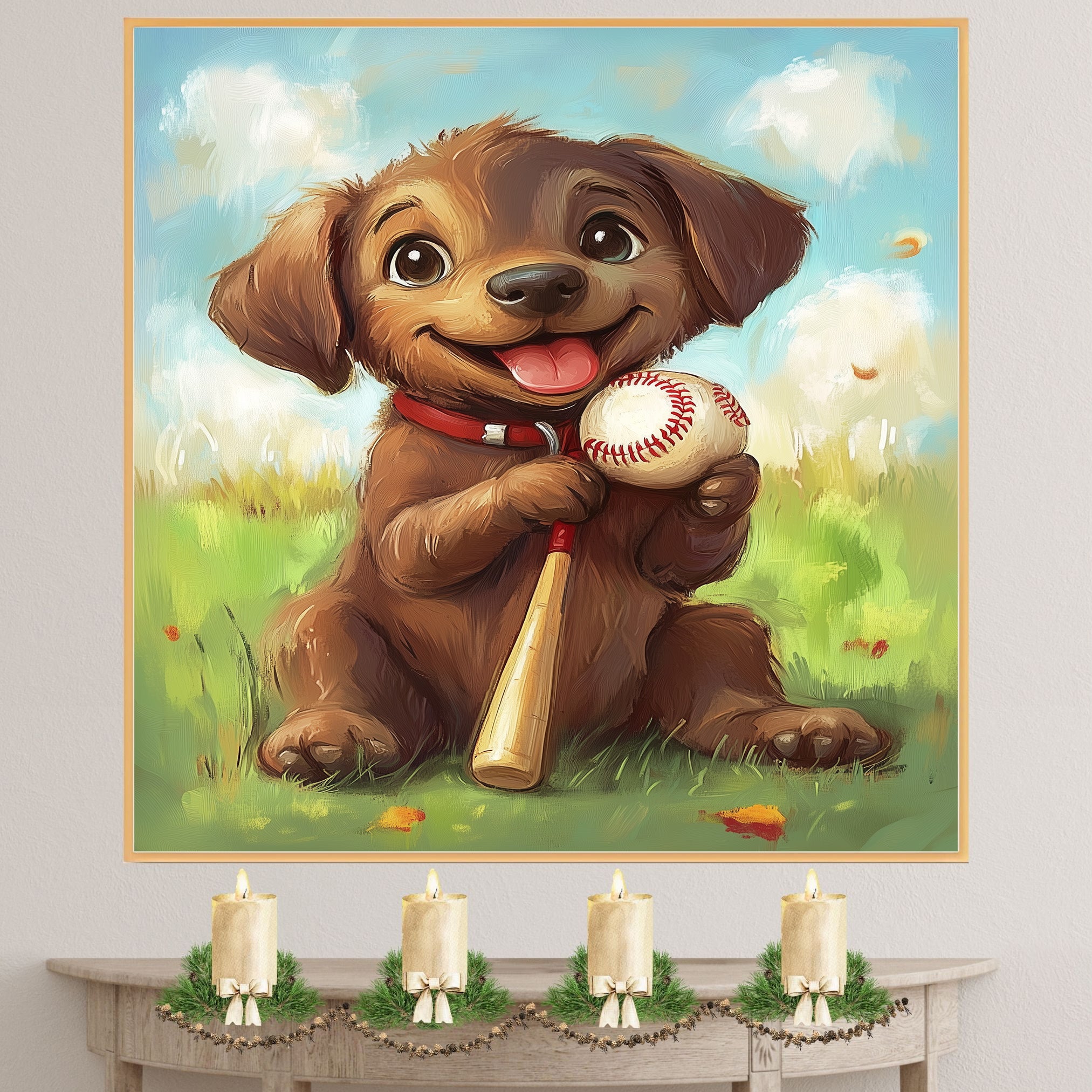 Labrador Dog Baseball Canvas Wall Art for Nursery Play Room Decor for Boys Birthday Sports Wall Poater on Ready to Hang 1.5" Thick Canvas Wrap, Floating Framed Canvas, Flat Rolled Canvas