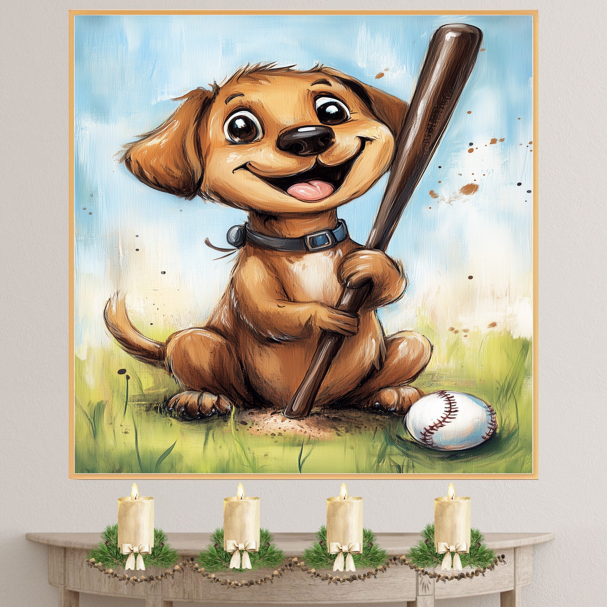 Labrador Puppy Baseball Wall Art Print Gift for Baseball Fans Sports Dog Canvas Decor for Kids Room on Ready to Hang 1.5" Thick Canvas Wrap, Floating Framed Canvas, Flat Rolled Canvas