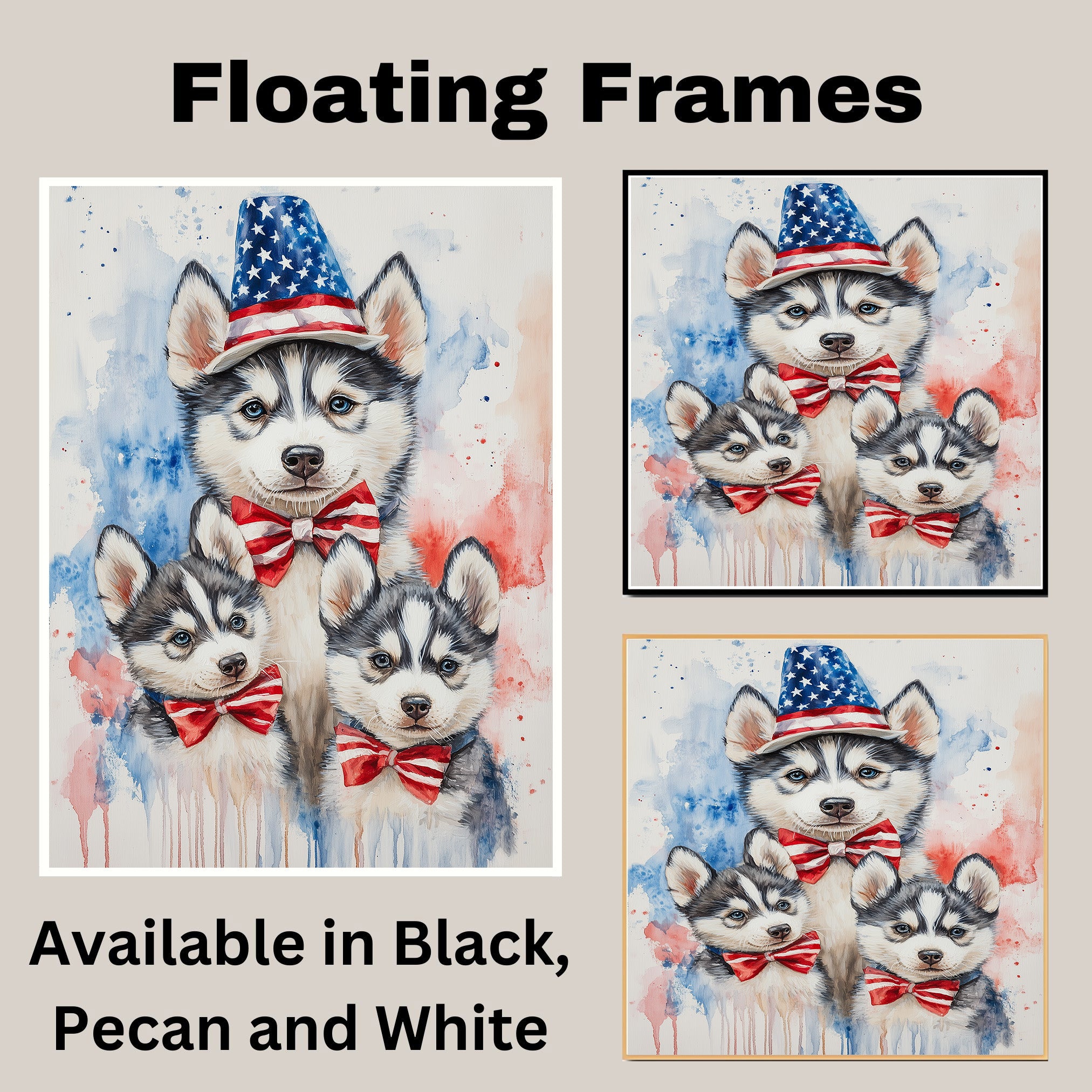 Siberian Husky Family in Patriotic Outfits – Cute 4th of July Husky Wall Art with Mother and Puppies on Ready to Hang 1.5" Thick Canvas Wrap, Floating Framed Canvas, Flat Rolled Canvas