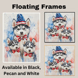 Siberian Husky Family in Patriotic Outfits – Cute 4th of July Husky Wall Art with Mother and Puppies on Ready to Hang 1.5" Thick Canvas Wrap, Floating Framed Canvas, Flat Rolled Canvas