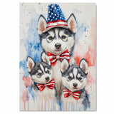 Siberian Husky Family in Patriotic Outfits – Cute 4th of July Husky Wall Art with Mother and Puppies on Ready to Hang 1.5" Thick Canvas Wrap, Floating Framed Canvas, Flat Rolled Canvas