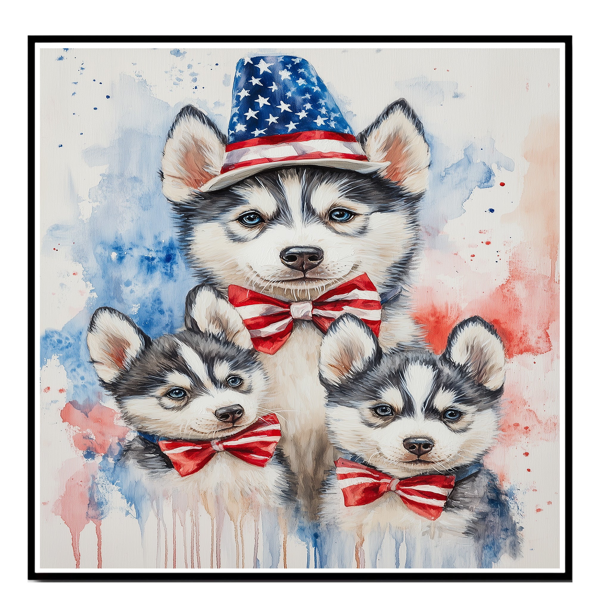 Siberian Husky Family in Patriotic Outfits – Cute 4th of July Husky Wall Art with Mother and Puppies on Ready to Hang 1.5" Thick Canvas Wrap, Floating Framed Canvas, Flat Rolled Canvas