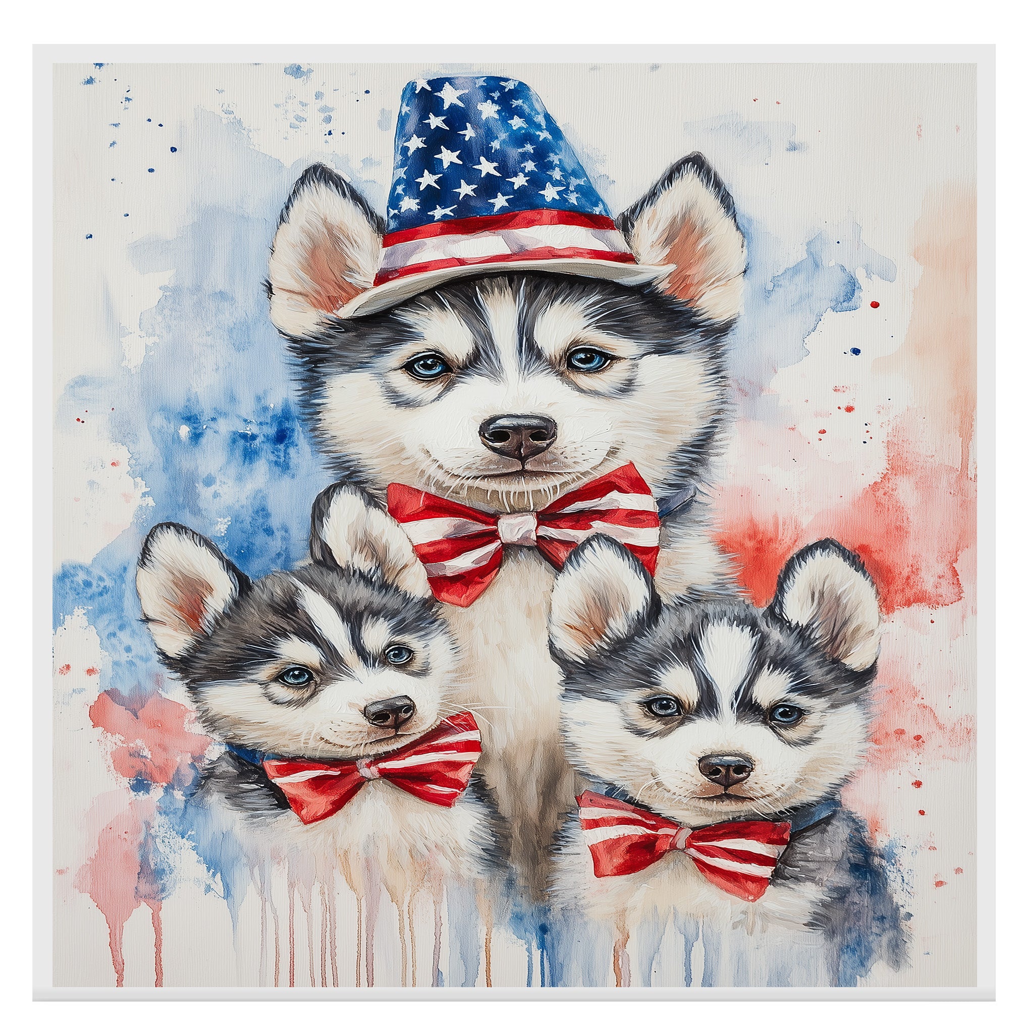 Siberian Husky Family in Patriotic Outfits – Cute 4th of July Husky Wall Art with Mother and Puppies on Ready to Hang 1.5" Thick Canvas Wrap, Floating Framed Canvas, Flat Rolled Canvas