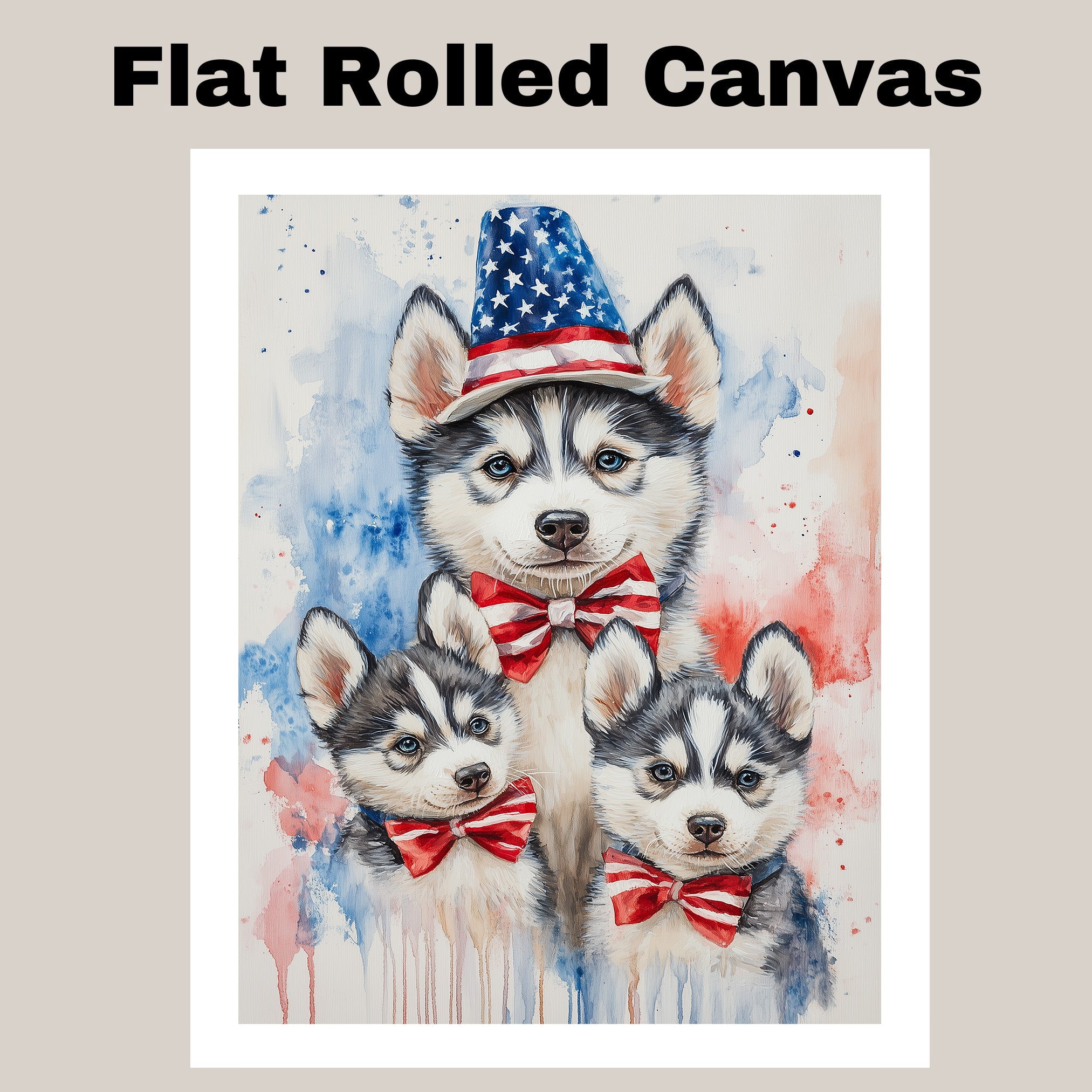 Siberian Husky Family in Patriotic Outfits – Cute 4th of July Husky Wall Art with Mother and Puppies on Ready to Hang 1.5" Thick Canvas Wrap, Floating Framed Canvas, Flat Rolled Canvas