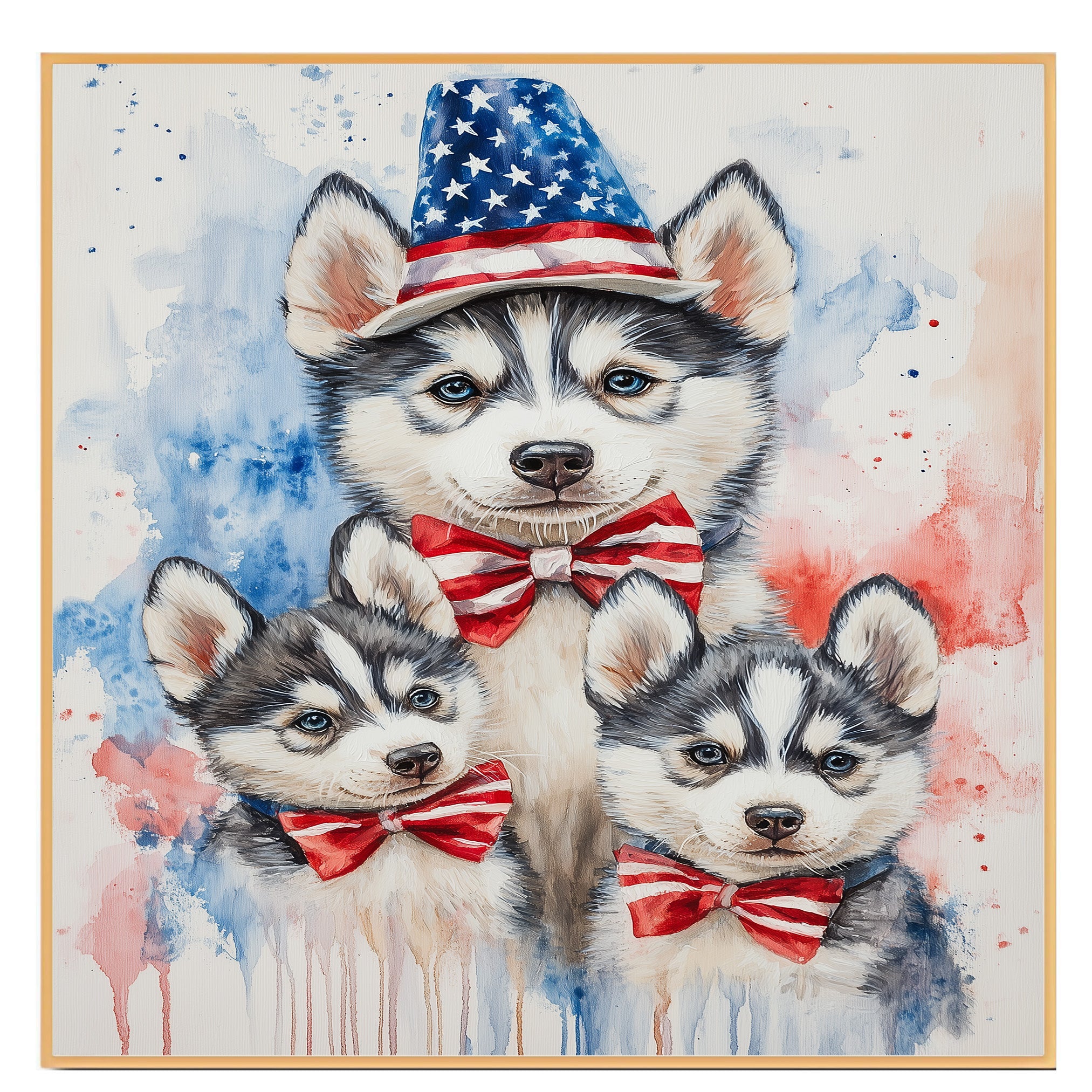 Siberian Husky Family in Patriotic Outfits – Cute 4th of July Husky Wall Art with Mother and Puppies on Ready to Hang 1.5" Thick Canvas Wrap, Floating Framed Canvas, Flat Rolled Canvas
