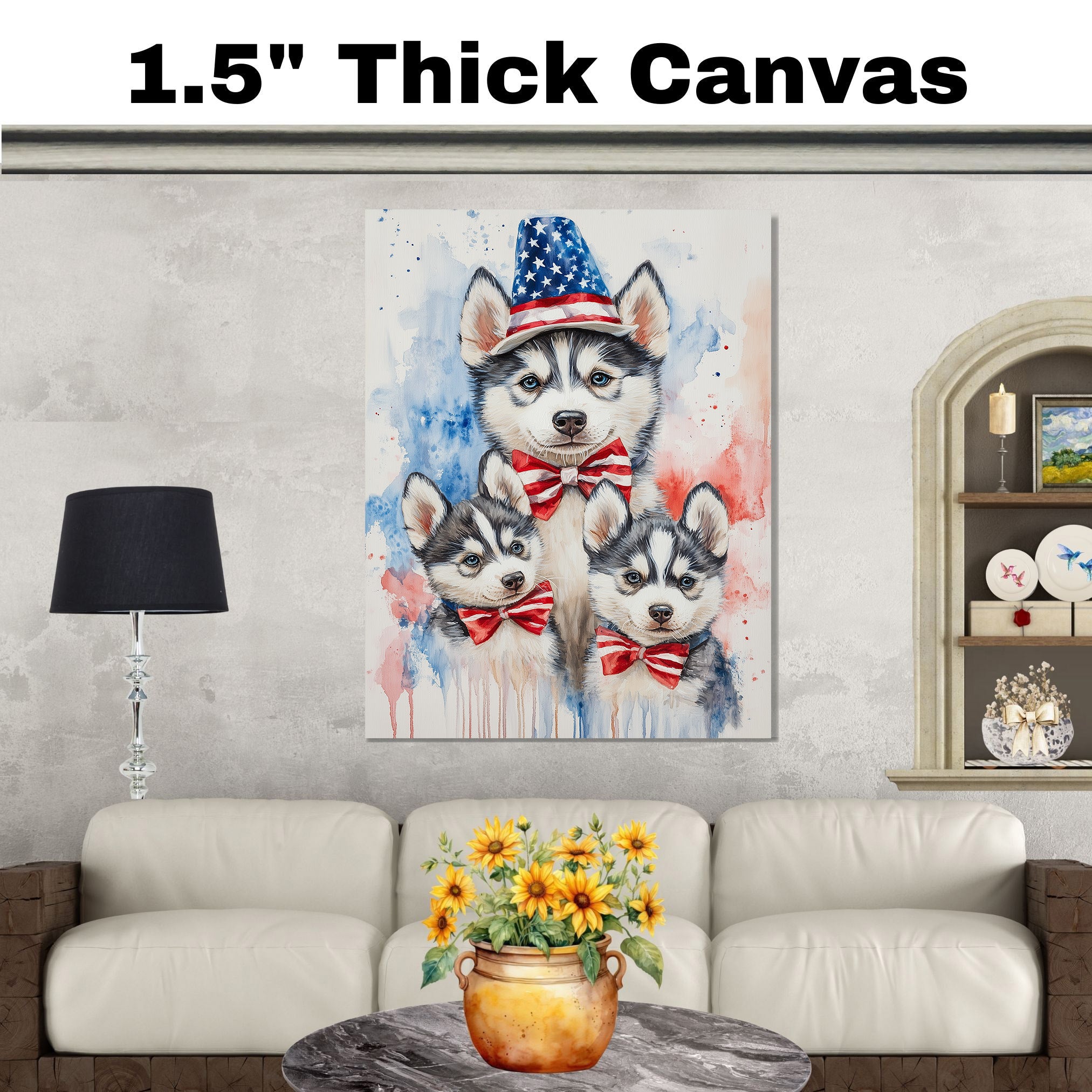 Siberian Husky Family in Patriotic Outfits – Cute 4th of July Husky Wall Art with Mother and Puppies on Ready to Hang 1.5" Thick Canvas Wrap, Floating Framed Canvas, Flat Rolled Canvas