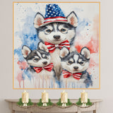 Siberian Husky Family in Patriotic Outfits – Cute 4th of July Husky Wall Art with Mother and Puppies on Ready to Hang 1.5" Thick Canvas Wrap, Floating Framed Canvas, Flat Rolled Canvas