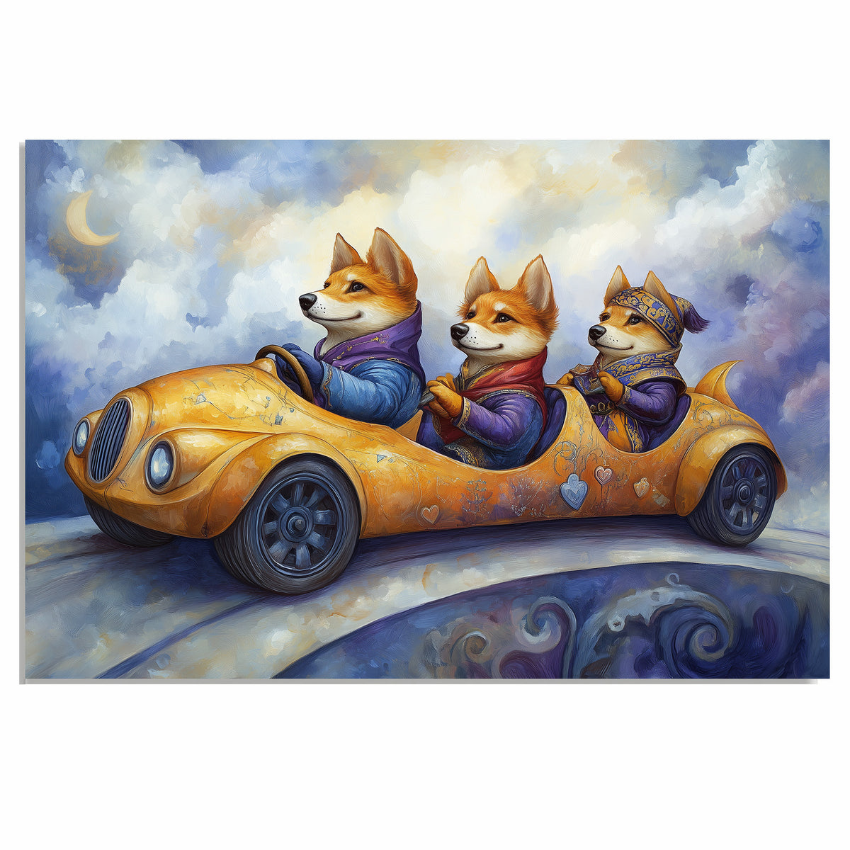 Dogs Flying In Colorful Steampunk Airship Through Dreamy Skies Fantasy Adventure Artwork For Animal Lovers on Ready to Hang 1.5" Thick Canvas Wrap, Floating Framed Canvas, Flat Rolled Canvas