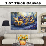 Whimsical Wizard Cats Racing in Enchanted Cars for Fantasy Lovers and Playful Spaces on Ready to Hang 1.5" Thick Canvas Wrap, Floating Framed Canvas, Flat Rolled Canvas
