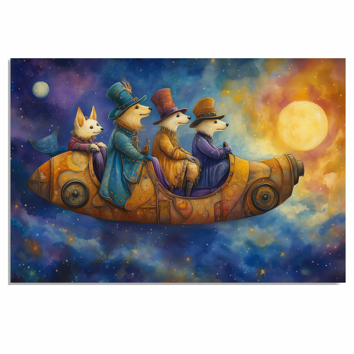 Whimsical Dogs Traveling Through Starry Sky In Fantasy Rocket Ship Artwork For Dog Lovers And Dreamy Spaces on Ready to Hang 1.5" Thick Canvas Wrap, Floating Framed Canvas, Flat Rolled Canvas